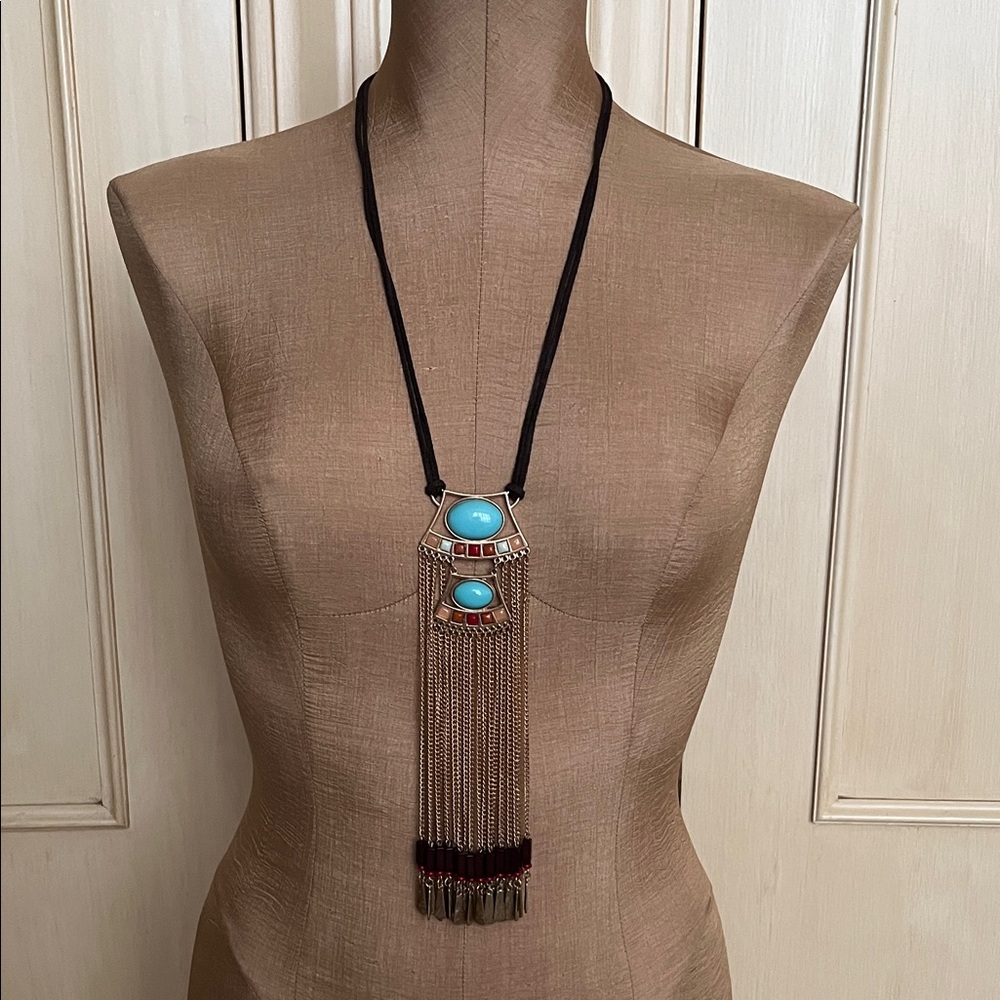 ETHNIC BOHO Costume Sleeping Beauty Turquoise Faux Suede Charm Fringe Necklace
